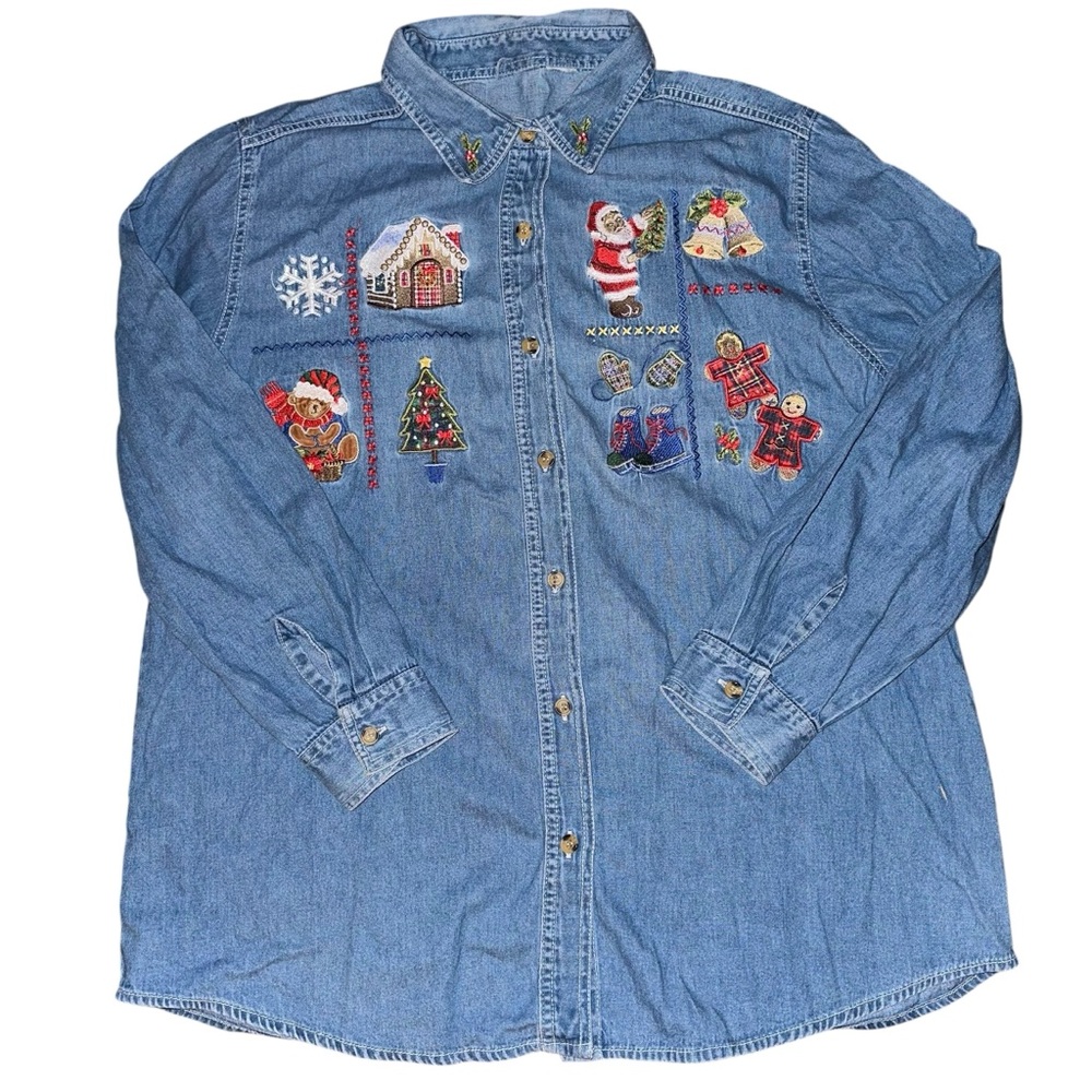 Vintage Bobbie Brooks embroidered denim Christmas button‎ up blouse size XL